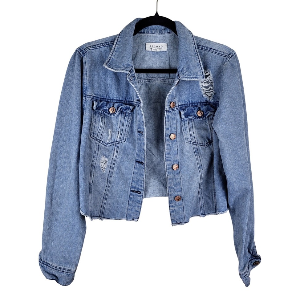 Cisono Denim Jean Jacket Women's Large Light Blue Distressed Raw Hem Cropped